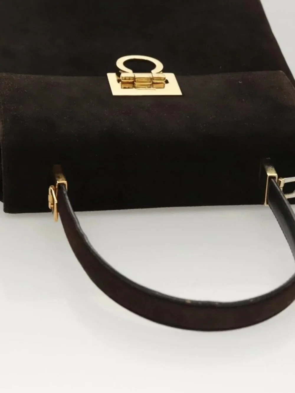 Salvatore Ferragamo Gancini Hand Bag Suede 2way Black Gold Auth BA2414 - Picture 7 of 16